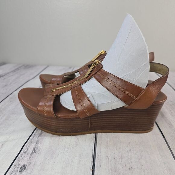 Michael Kors Berkley T- Strap Tan Leather Wedge Sandals - Picture 3 of 8